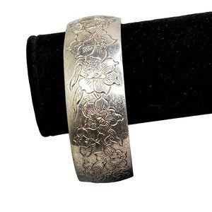Kirk Jonquil Pewter Cuff Bracelet Etched Floral Design Silver Tone Heavy Thick